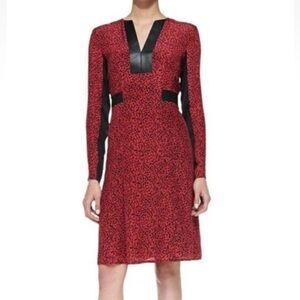 Nanette Lepore Womens Size 0 Pink Black Leopard Print Silk Leather Trim Dress